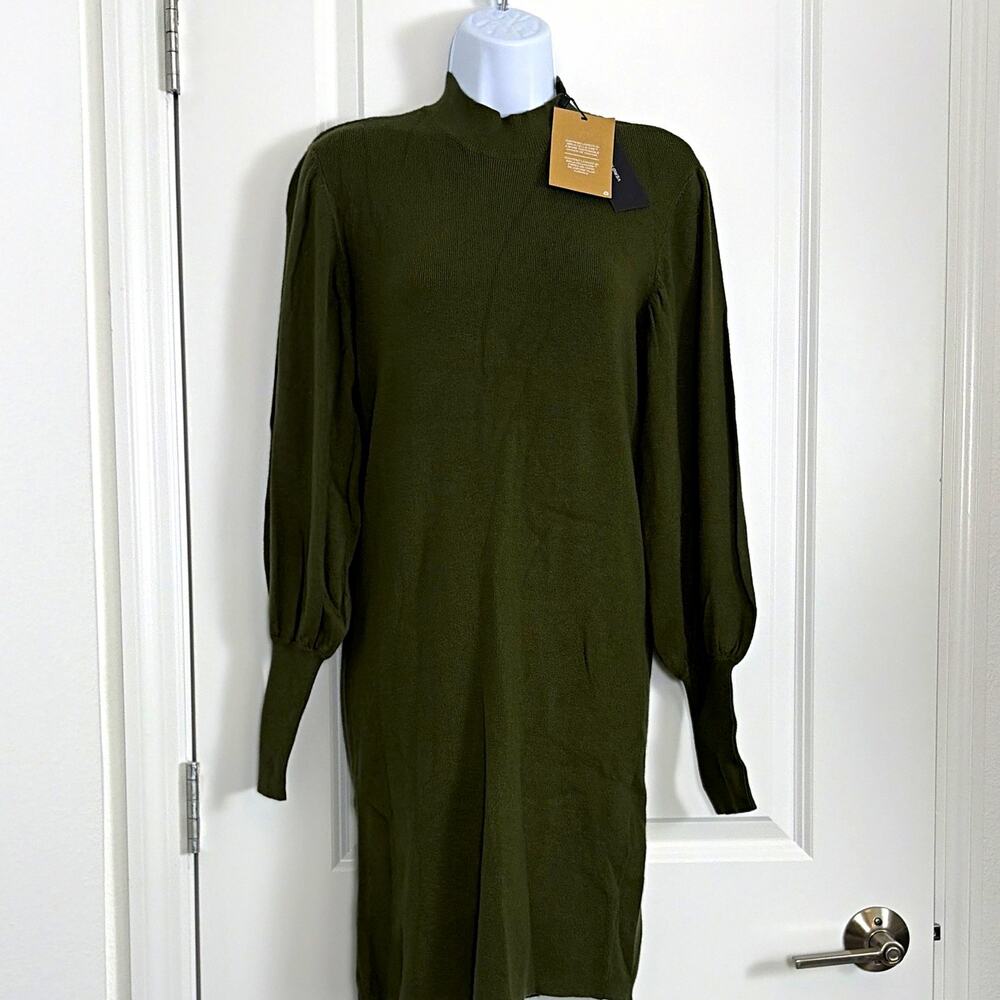 VERO MODA Green Ribbed Knit holly Kari’s puff sleeve Sweater Dress Knee L
